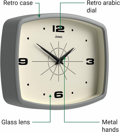 JONES CLOCKS® Movie wall Clock | Retro Rectangular Clock | 10 inch | Orange | Cool mid-Century Designer Look for Kitchen, Living Room or Office