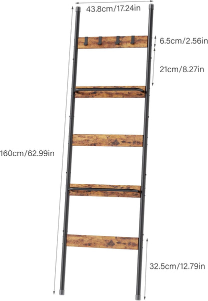Blanket Ladder, 5-Tier Towel Holder with 4 Removable Hooks, Farmhouse Wall Leaning Decorative Rack Shelf, Wooden Towel Display Rack, Quilt Ladder for Living Room, Bedroom, Rustic Brown