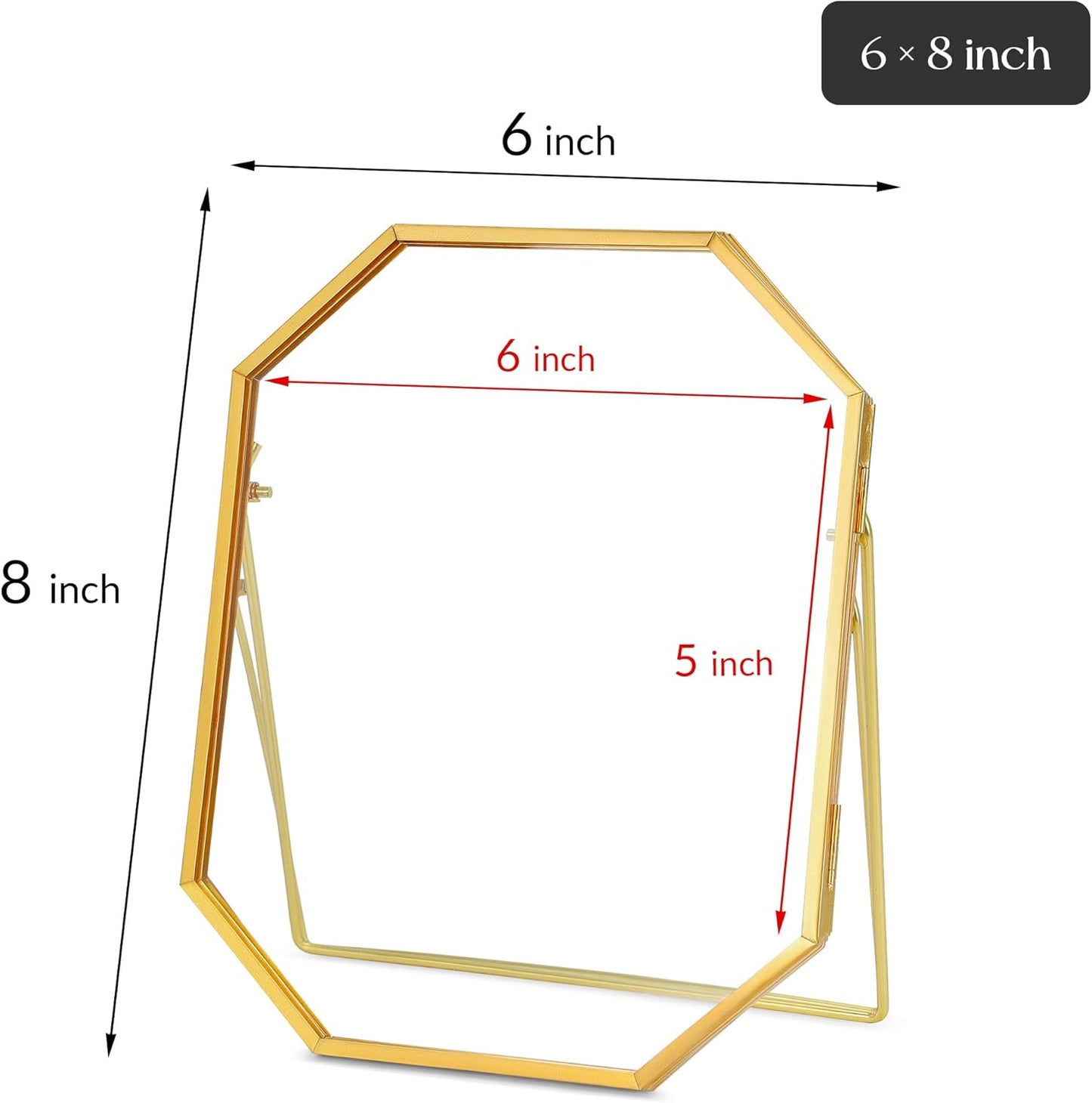 REDHUGO Glass Pressed Flower Frame Handmade, Metal Floating Picture Frame, Double Glass for Tabletop Display, Unique Brass Octagon, Gold, 5x7 Inches (Frame Only)