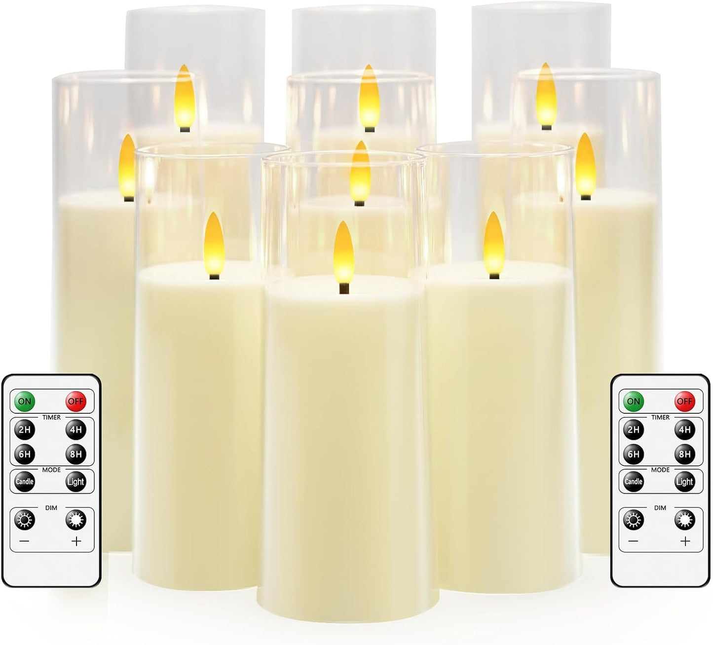 kakoya Flickering Flameless Candles Battery Operated with Remote and 2/4/6/8 H Timer Acrylic Led Pillar Candles Pack of 9 (appr D2.3"xH5.5"6.5"7.5")with Realistic 3D Wick Candles for Home Decor(White)