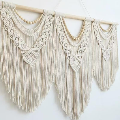oiikain Large Handmade Boho Macrame Wall Hanging Tapestry - Chic Bohemian Woven Home Decor art for Living Room, Bedroom, and Wedding Parties (Beige, twelve rhombus)