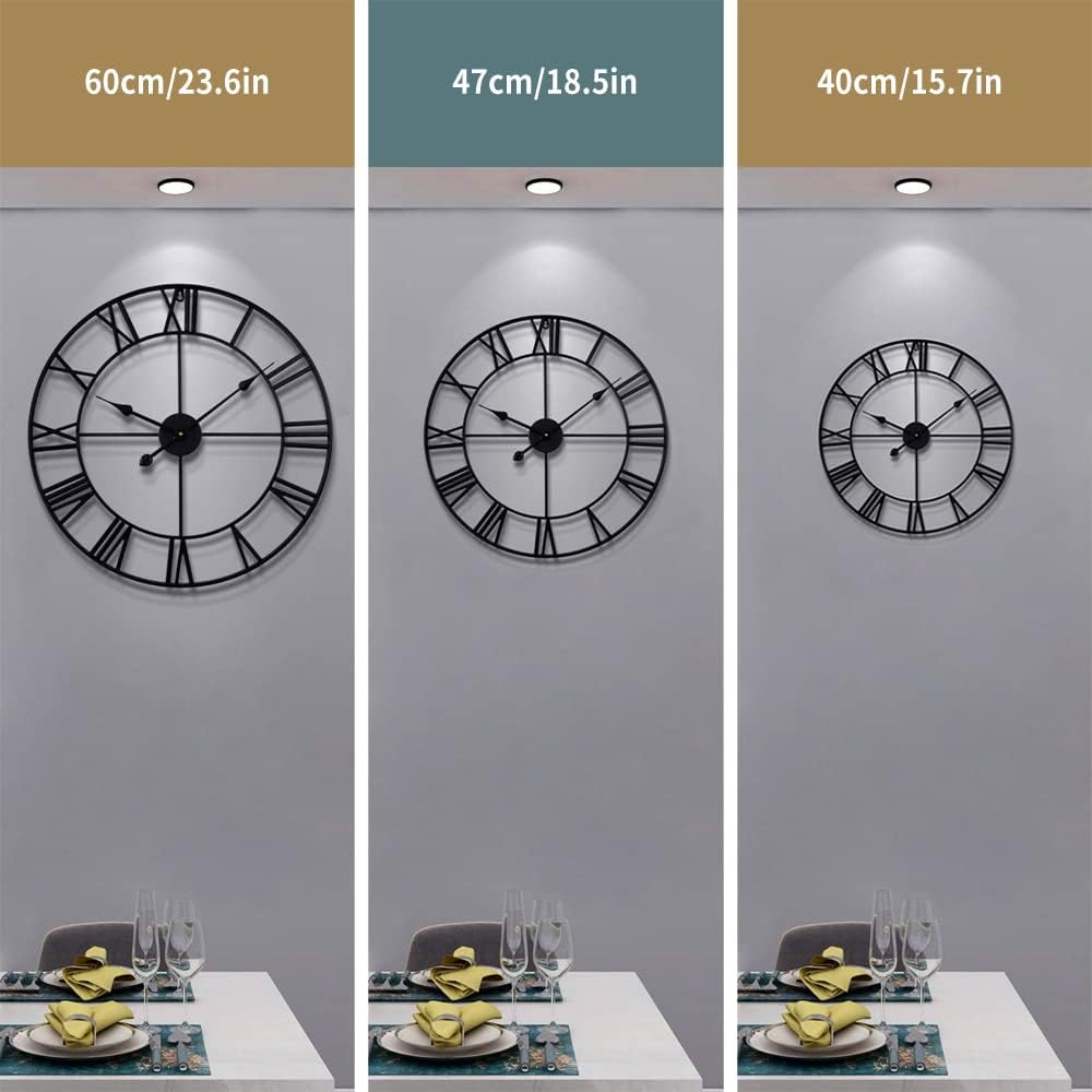 LEIKE 16" Large Wall Clocks Battery Operated, Round Modern Silent Non-Ticking Black Metal Wall Clock for Living Room Decor, Bedroom Kitchen (40cm Diameter, Black Roman Number)