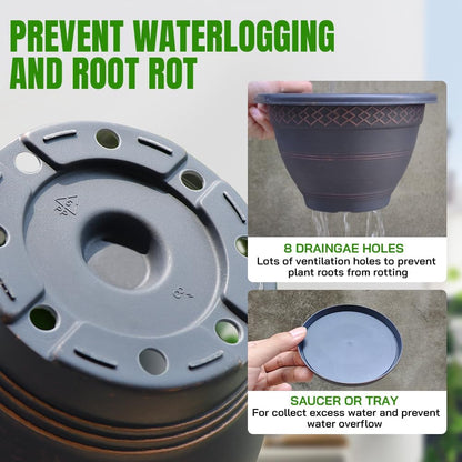 Usocik 10 Inch 4 Pack Plant Pots, Plastic Flower Pot for Indoor & Outdoor with Drainage Holes & Saucer, Plaid Pattern Planters Garden Pots for Herbs