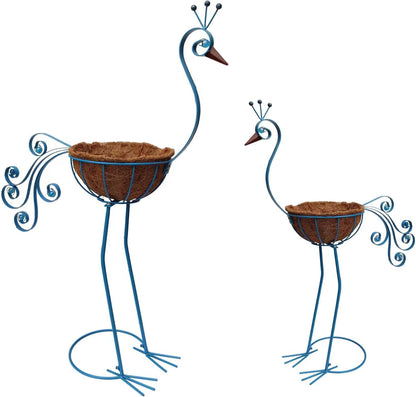 COOZZYHOUR Metal Peacock Planter with Fiber Basket -Garden Bird Planters for Outdoor Indoor Lawn,Yard,Porch,Patio, Garden Decorations（Set of 2）