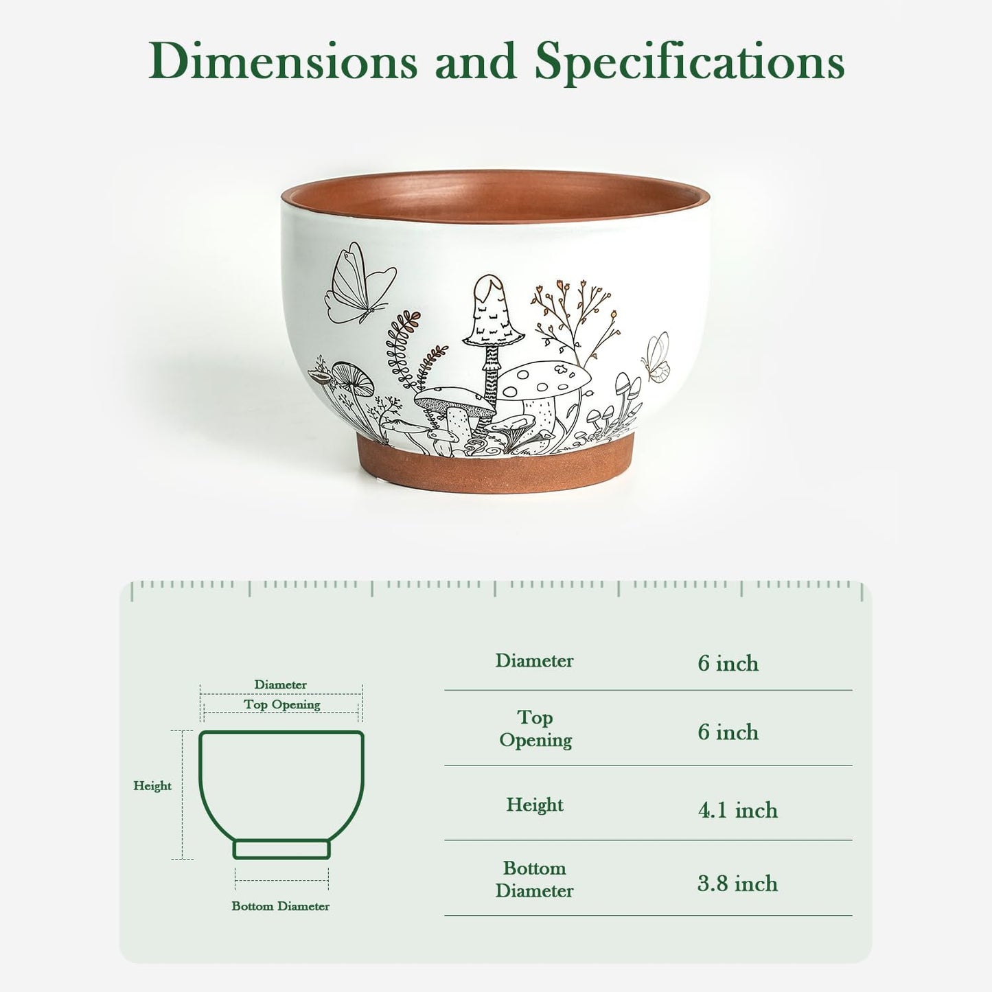 YBX 8 Inch + 6 Inch Ceramic Plant Pots, Succulent Flower Pots with Drainage Holes, Terracotta Planters for Indoor Plants, White&Terracotta (Garden)