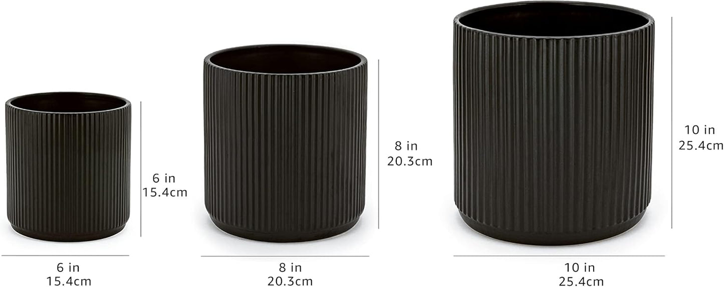 Amazon Basics Fluted Ceramic Round Planter with Drainage Hole, Indoor Outdoor Flower Pot, 10-inch, White