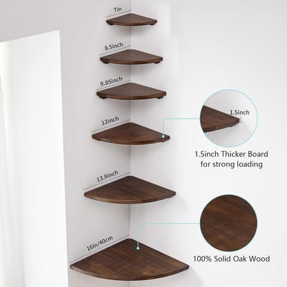 Corner Shelves, Floating Corner Shelf, Set of 2 7inch Solid Oak Wood Wall Shelves, Round End Wall Mount with Wire Hole Shelving for Small Plant for Bedroom Kitchen, Living Room