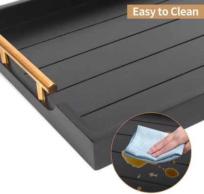 SXNOWS Coffee Table Trays - Large Ottoman Tray for Living Room -Wood Serving Tray with 2 Sets of Handles - Wooden Tray for Coffee Table, 4 Round Coasters Included, Black
