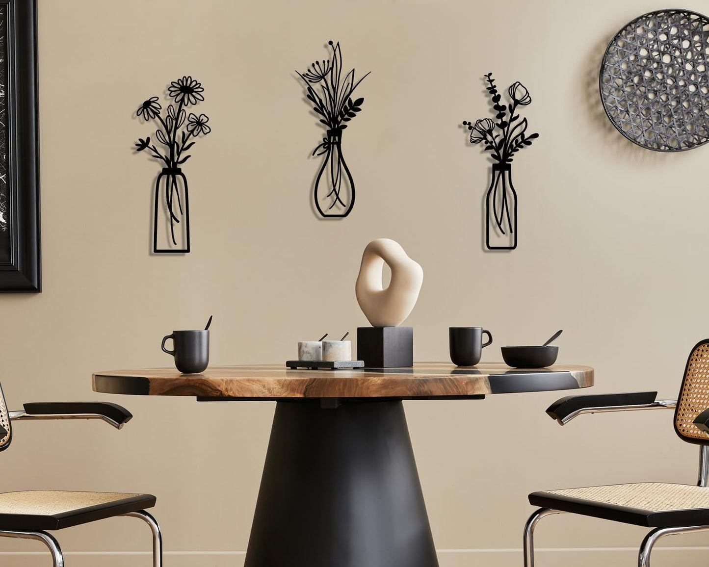Pigort 3 Pieces Metal Flowers Wall Art- Rustic Farmhouse Decor Minimalist Decor for Living Room Bathroom Bedroom Dining Room, Housewarming Gifts Christmas Decoration(Beige, Vase-C)