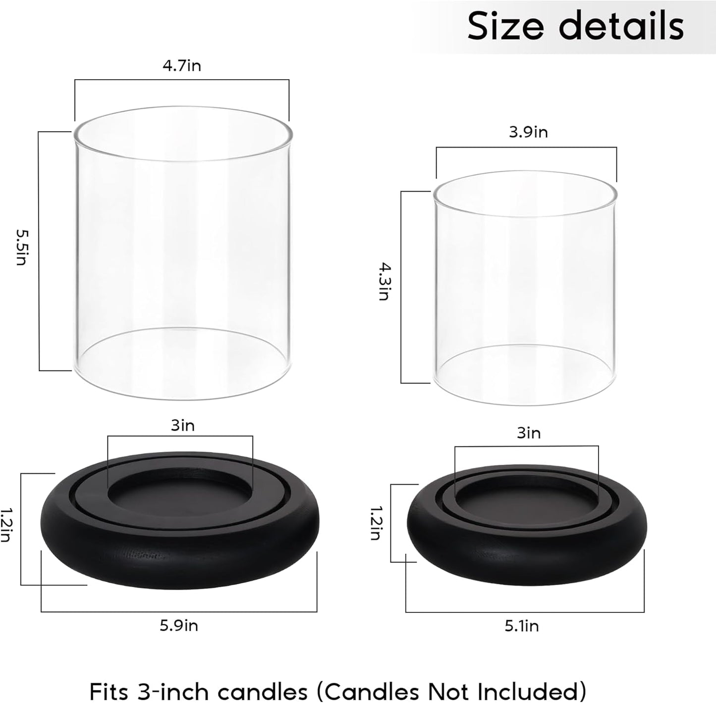 Set of 2 Black Hurricane Candle Holders with Wood Base, Modern Windproof Glass Cylinder Lantern, Farmhouse Pillar Candle Holder Decor for Table Centerpieces, Living Room, Patio & Kitchen Dining