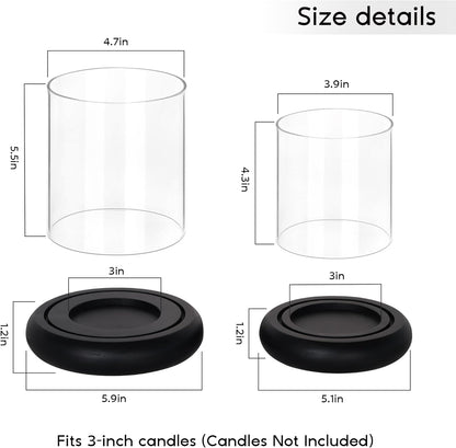Set of 2 Black Hurricane Candle Holders with Wood Base, Modern Windproof Glass Cylinder Lantern, Farmhouse Pillar Candle Holder Decor for Table Centerpieces, Living Room, Patio & Kitchen Dining