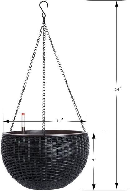 Vencer 11 Inch Round Resin Rattan Hanging Planters,Self Watering Hanging Basket for Indoor Outdoor Plants,Hanging Flower Pots with Drain Hole and Metal Chain,Water Indicator,Coffee,VF-A15-C