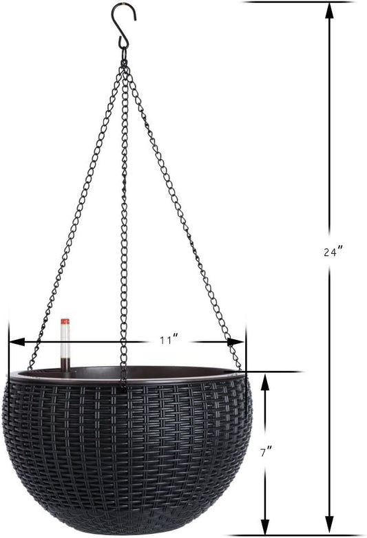 Vencer 11 Inch Round Resin Rattan Hanging Planters,Self Watering Hanging Basket for Indoor Outdoor Plants,Hanging Flower Pots with Drain Hole and Metal Chain,Water Indicator,Coffee,VF-A15-C