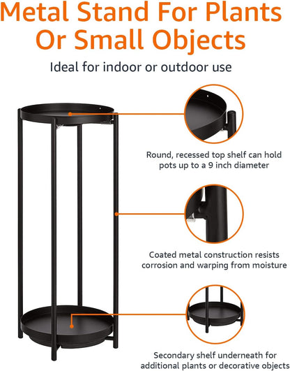 Amazon Basics Two-Tier Indoor Outdoor Metal Round Plant Stand for Multiple Plants, Rustproof Flower Holder with Plant Shelf, Black