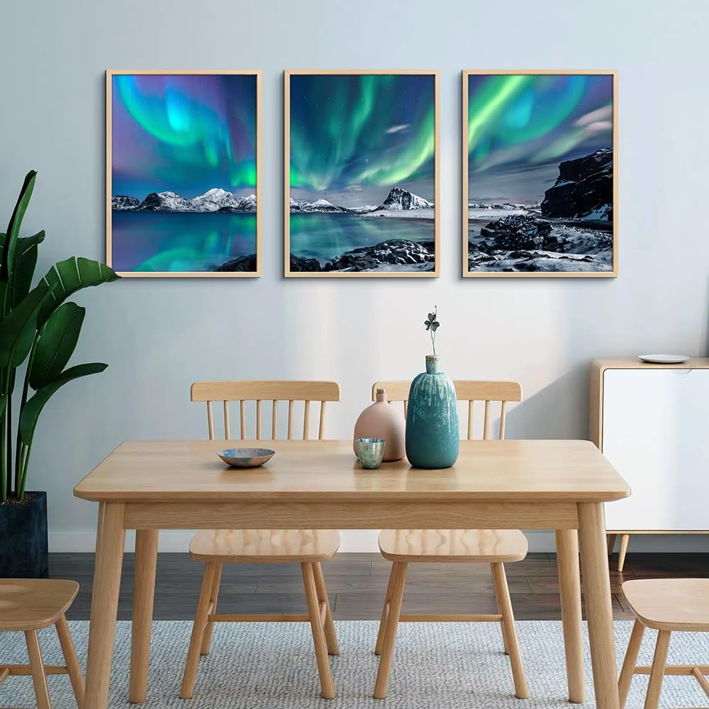 MHARTK66 Wall Art for Bedroom Wall Decor for Living Room Office Decor Abstract Mountain Aurora Landscape Painting 3 Piece Scenic Framed Canvas Art Prints Ready to Hang Kitchen Wall Pictures Home Decor
