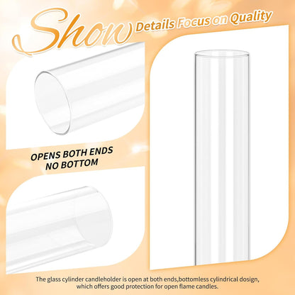 24 PCS Hurricane Candle Holder, 2.5" W x 14" H Open Ended Glass Candle Cylinder Sleeve, Clear Glass Cylinder Candle Holder, Open Flame Candle Chimney Tube Cover, Bottomless Cylindrical Glass