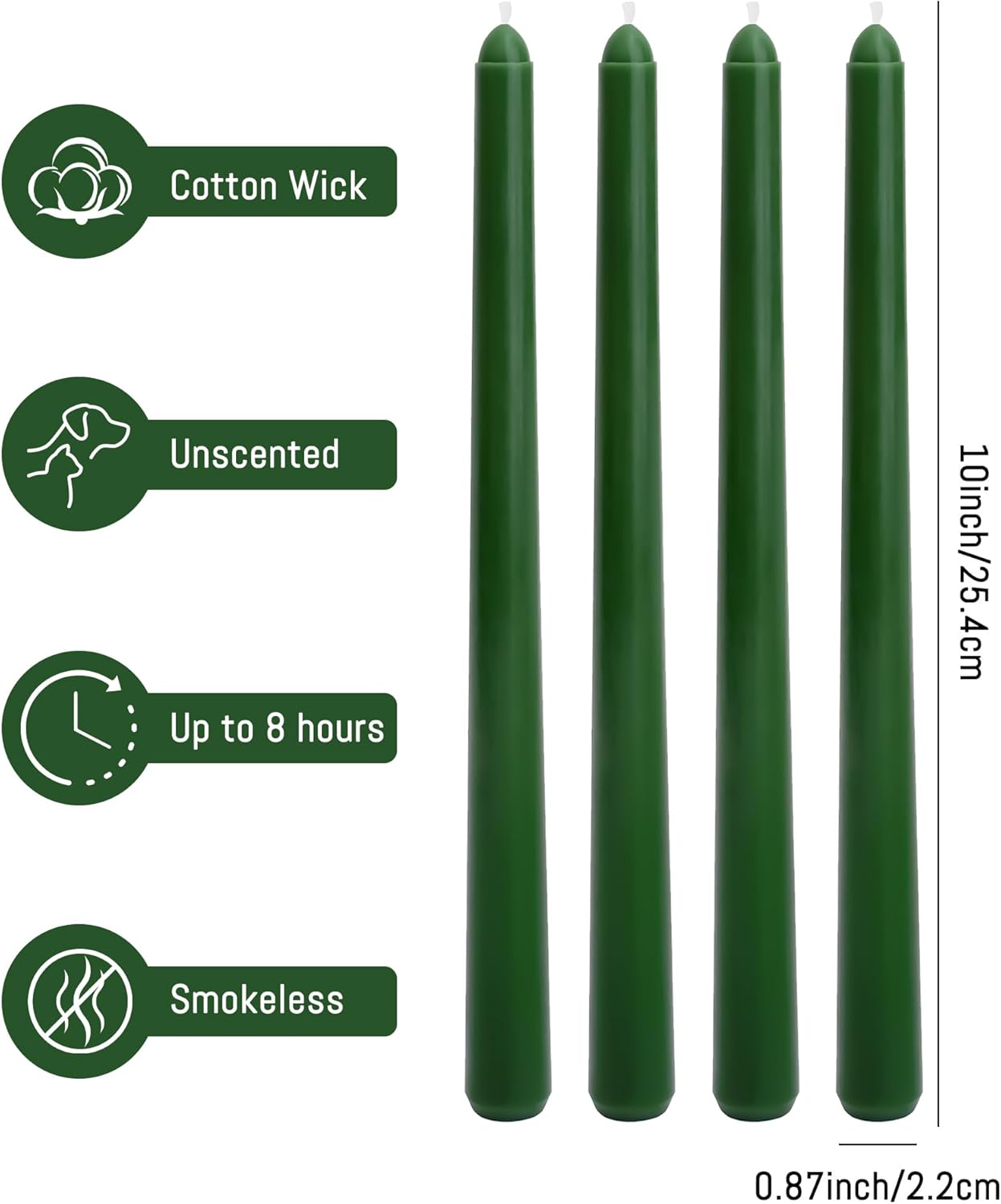 Viyffo Taper Candles, 10 Inch, 4 Pack, Olive Glow – Unscented, Dripless & Smokeless Design, Up to 8 Hour Burn – Long Tall Taper Candlesticks for Wedding, Dinner & Home Decor