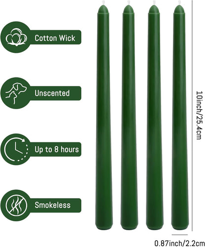 Viyffo Taper Candles, 10 Inch, 4 Pack, Olive Glow – Unscented, Dripless & Smokeless Design, Up to 8 Hour Burn – Long Tall Taper Candlesticks for Wedding, Dinner & Home Decor