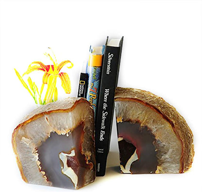 JIC Gem Dyed Blue Agate Bookends Geode Decorative Book Ends for Heavy Books with Rubber Bumpers for Office and Home Decoration Polished Small Size 2 to 3 Lbs