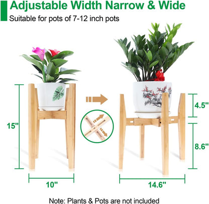OERGKE Adjustable Plant Stand, Bamboo Mid Century Modern Indoor Plants Stands, Corner Flower Holder for Living Room, Fits 8 to 12 Inches Pots, (Pot & Plant Not Included)(Walnut, 1 Pack)