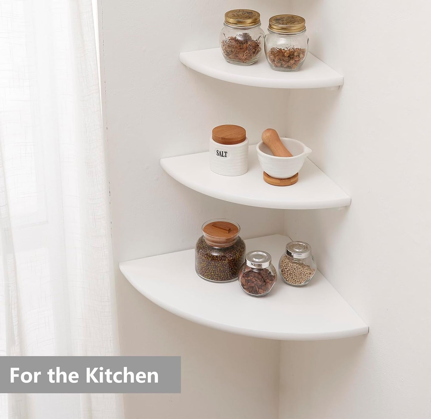 Corner Shelves, Floating Corner Shelf, Set of 2 7inch Solid Oak Wood Wall Shelves, Round End Wall Mount with Wire Hole Shelving for Small Plant for Bedroom Kitchen, Living Room