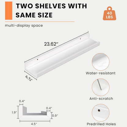 Heimlove Picture Ledge Shelf, Floating Shelves Set of 2, 24 Inches Picture Shelf for Wall with Ledge, Kids Bookshelf Wall Mounted for Living Room Bedroom Decor Books Photo Frames - White