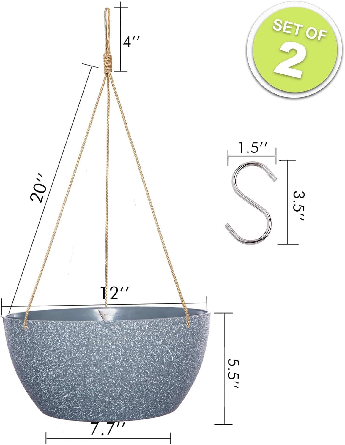 SwinDuck 13 Inch 2 Pack Large Hanging Planters for Indoor Outdoor Plants, Plastic Hanging Basket Pots for House Plants Flowers, White