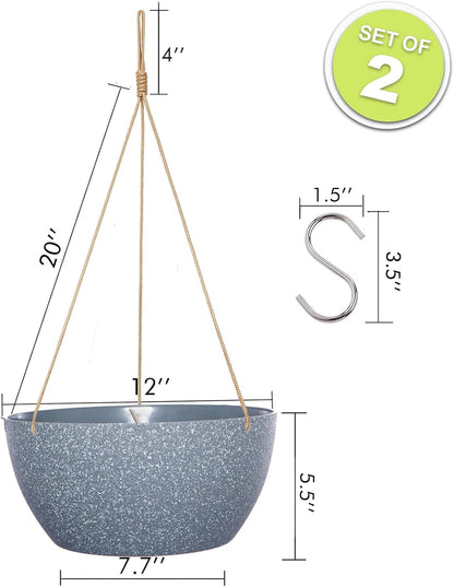 SwinDuck 13 Inch 2 Pack Large Hanging Planters for Indoor Outdoor Plants, Plastic Hanging Basket Pots for House Plants Flowers, White