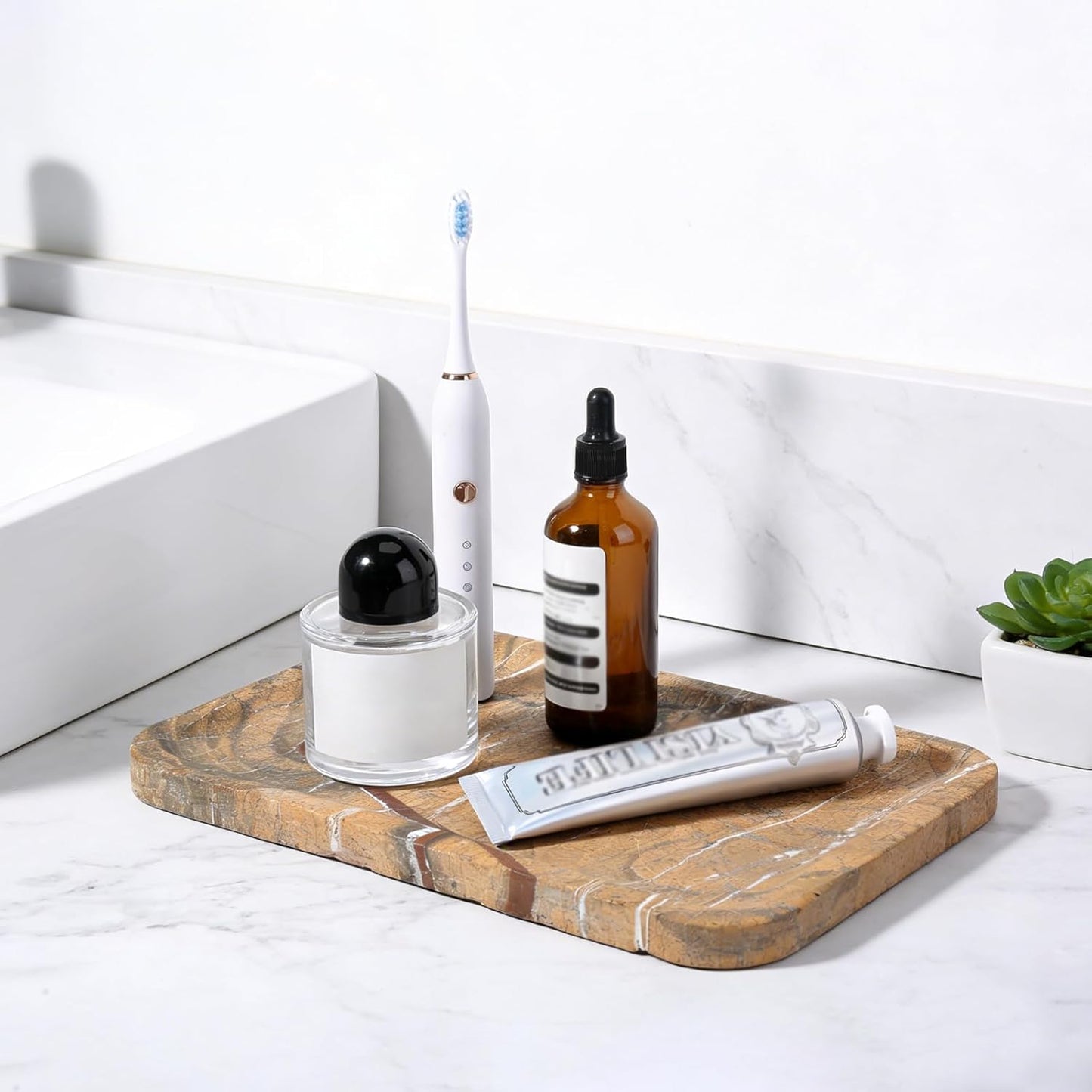 Koville Romano Travertine Tray, 12"x8" Natural Stone Vanity Tray for Countertop Bathroom Kitchen Dresser, Decorative Marble Catchall Trays for Perfume Jewelry, Rectangular Serving Tray(Beige)