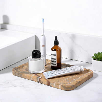 Koville Romano Travertine Tray, 12"x8" Natural Stone Vanity Tray for Countertop Bathroom Kitchen Dresser, Decorative Marble Catchall Trays for Perfume Jewelry, Rectangular Serving Tray(Beige)