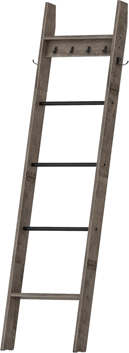 CHOEZON 5-Tier Blanket Ladder, Wooden Blanket Display Rack, Towel Ladder with Hooks, Wall Leaning Display Shelf, for Living Room, Bedroom, Balcony, Rustic Brown and Black MCJ02FG