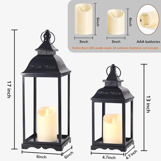 HAVITI 2 Pack Large Lanterns Decorative Indoor, Black Farmhouse Outdoor Lantern for Porch, Tall 22'' 17'' Lantern Decor (no Glass) with 2PCS Flameless Candles for Wedding Home Table Front Door
