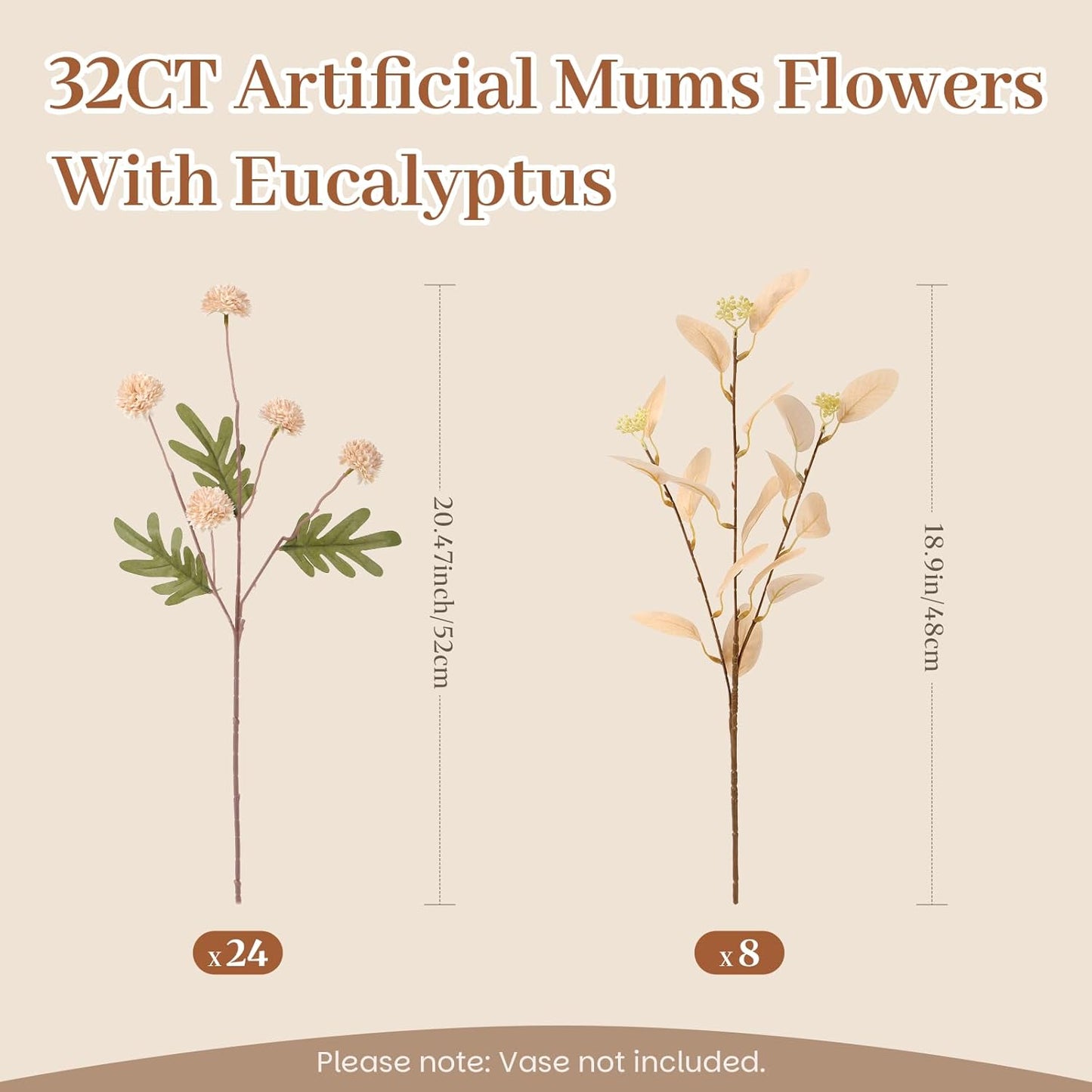 Alupssuc 16PCS Faux Silk Pompon Mums Artificial Flowers with Eucalyptus, Fake Chrysanthemum Floral for DIY Vase Arrangement, Long Stem Dining Table Centerpiece Home Decor, Beige