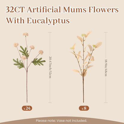 Alupssuc 16PCS Faux Silk Pompon Mums Artificial Flowers with Eucalyptus, Fake Chrysanthemum Floral for DIY Vase Arrangement, Long Stem Dining Table Centerpiece Home Decor, Beige