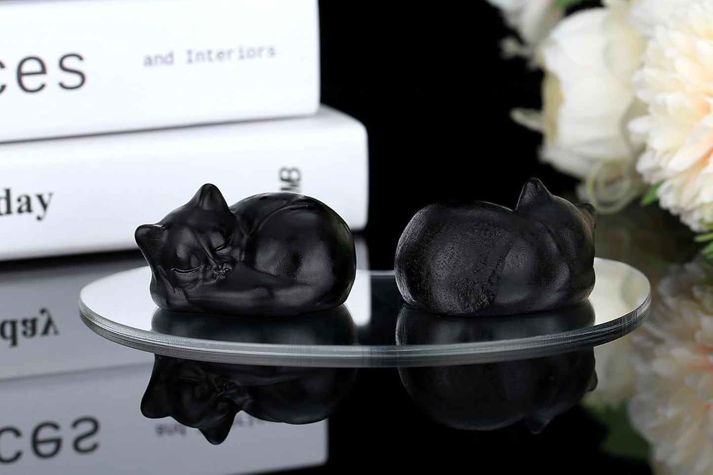YATOJUZI 2" Cat Decors Statue Opal Moonstones Crystals Opalite Sleeping Cats Gemstone Hand-Carved Cute Animal Figurines Home Office Desk Decor Stocking Stuffers Cat Themed Ornaments Gifts for Women