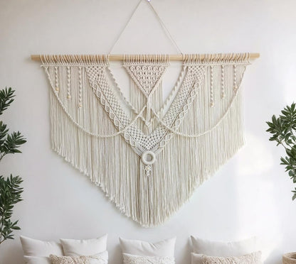 oiikain Large Handmade Boho Macrame Wall Hanging Tapestry - Chic Bohemian Woven Home Decor art for Living Room, Bedroom, and Wedding Parties (Beige, twelve rhombus)