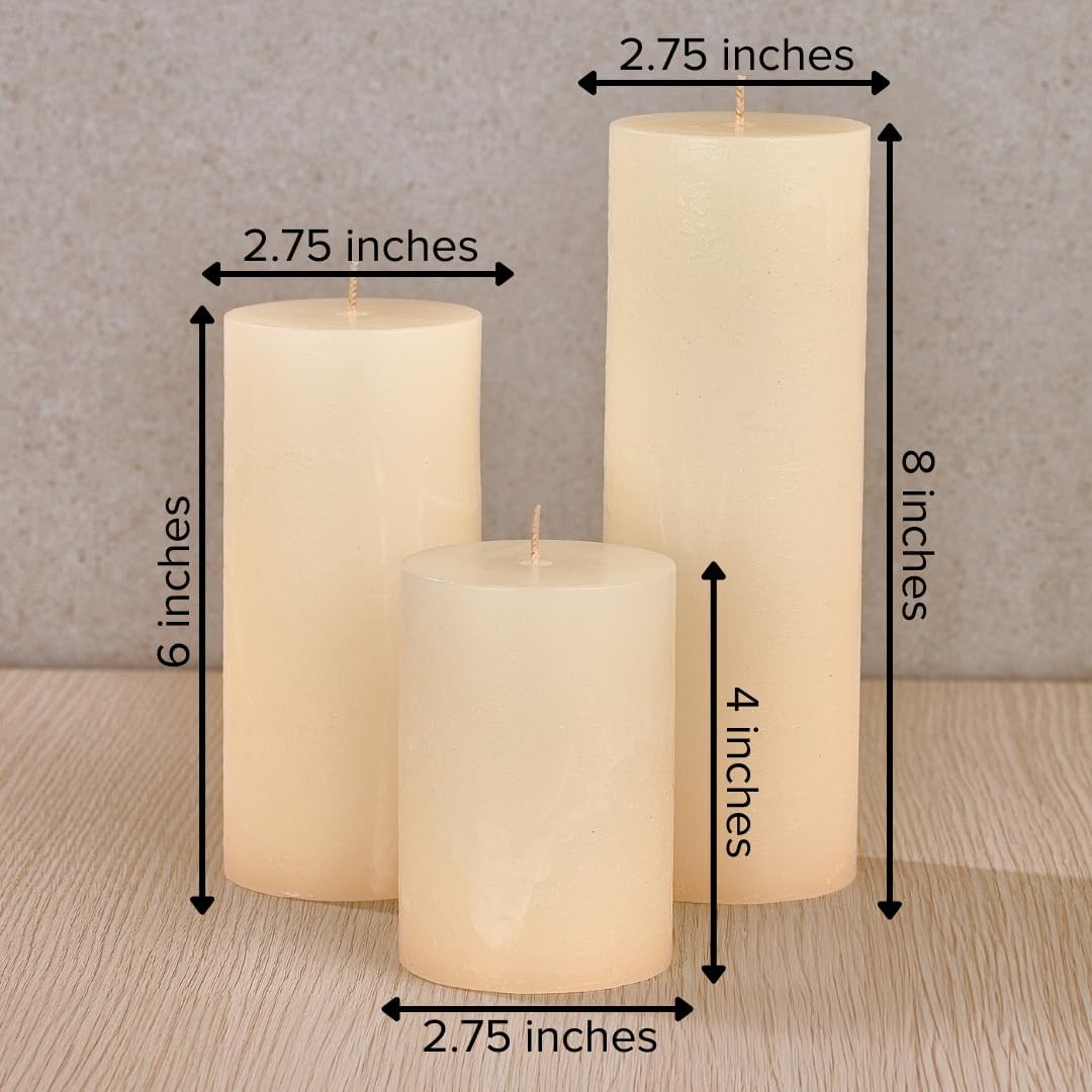 Simply Soson 3x6 inch Ivory Pillar Candles Set of 3, Rustic Texture, Unscented Ivory Candles, Dripless Candles, 3 inch Pillar Candles Ideal as Wedding, Parties, Spas, Dinner, Home Decoration, Church