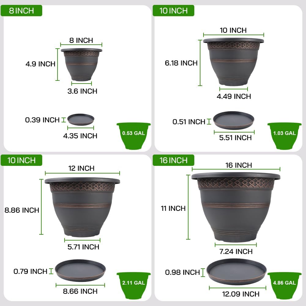 Usocik 10 Inch 4 Pack Plant Pots, Plastic Flower Pot for Indoor & Outdoor with Drainage Holes & Saucer, Plaid Pattern Planters Garden Pots for Herbs