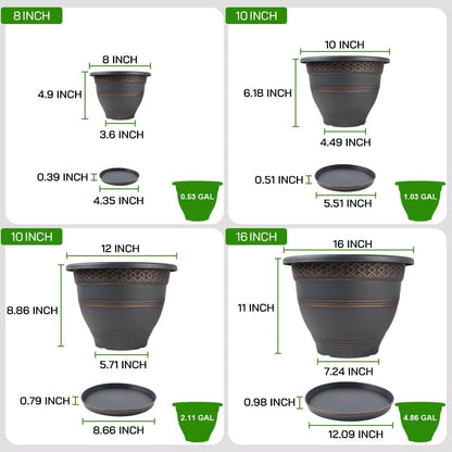 Usocik 10 Inch 4 Pack Plant Pots, Plastic Flower Pot for Indoor & Outdoor with Drainage Holes & Saucer, Plaid Pattern Planters Garden Pots for Herbs