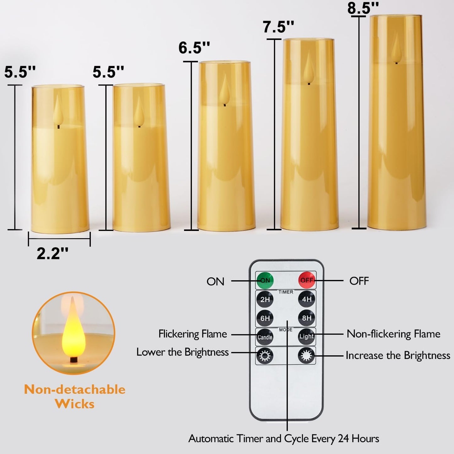 Amagic Pure White Flameless Candles, Battery Operated Candles, Acrylic Flickering LED Pillar Candles with Remote Control and Timer, 3D Wick, Yellow and Blue Glow, D2.2 xH5 5" 6" 7" 8", Set of 5