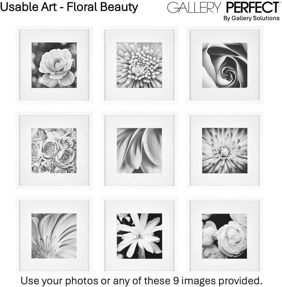 Gallery Perfect 12x12 Picture Frames, 9 Piece Set with Real Glass Cover for 8x8 Photos With Mat, Picture Frames Collage Wall Decor for Gallery Wall, Home Decor, Black