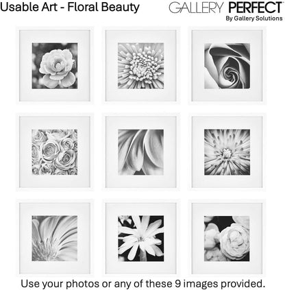 Gallery Perfect 12x12 Picture Frames, 9 Piece Set with Real Glass Cover for 8x8 Photos With Mat, Picture Frames Collage Wall Decor for Gallery Wall, Home Decor, Black