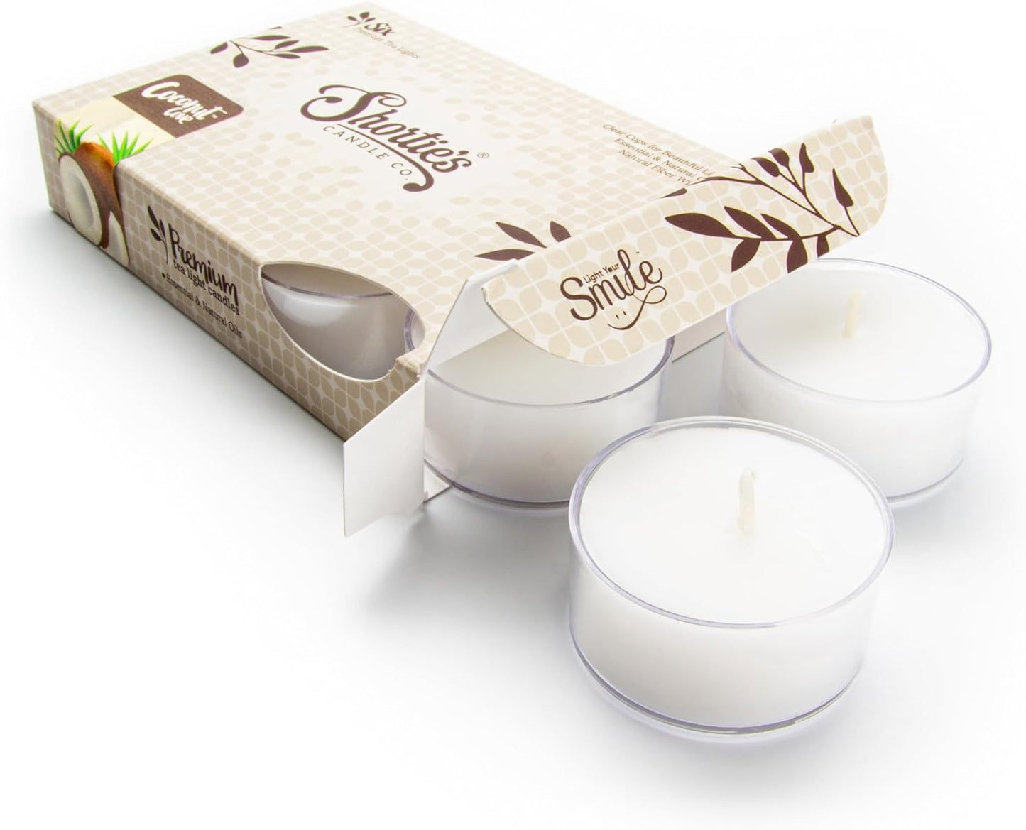 Shortie's Candle Company Coconut Cove Premium Tealight Candles - 6 White Highly Scented Tea Lights - Beautiful Candlelight - Made in the USA - Fruit & Berry Collection