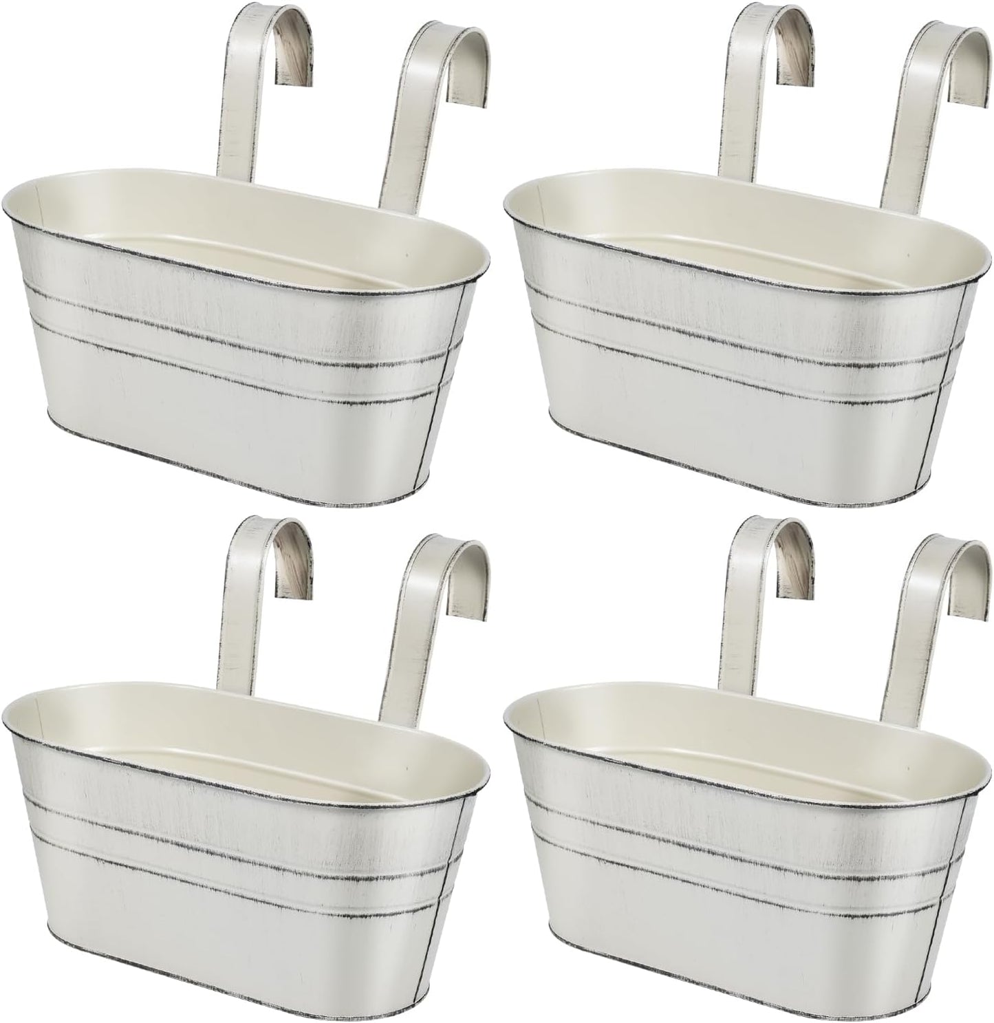 OBTANIM 4 Pack Metal Hanging Flower Pots Iron Railing Planter Outdoor Fence Hanging Pots Bucket Plant Holder with Detachable Hooks Drain Holes for Home Garden Yard Decor (Black)
