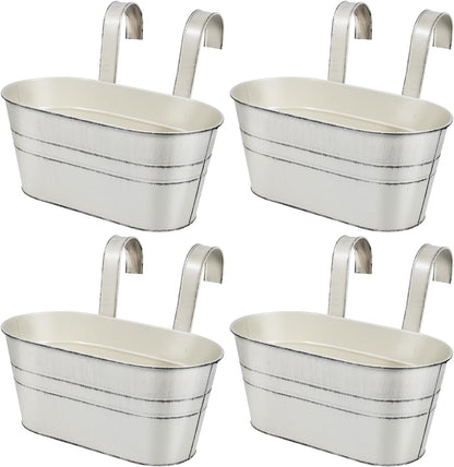 OBTANIM 4 Pack Metal Hanging Flower Pots Iron Railing Planter Outdoor Fence Hanging Pots Bucket Plant Holder with Detachable Hooks Drain Holes for Home Garden Yard Decor (Black)
