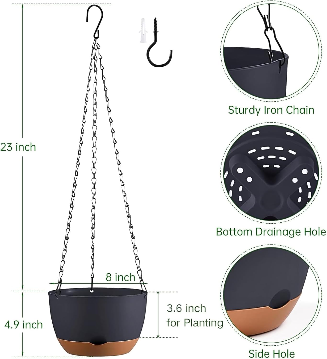 Set of 2 Hanging Planters for Indoor Outdoor Plants, 8 Inch Self-Watering Hanging Flower Pots with Drainage Hole & Removable Water-Storage Tray (Hooks)