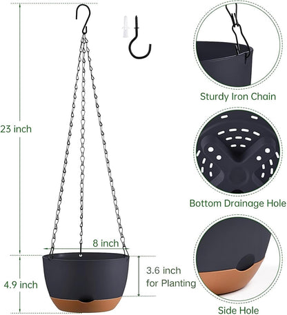 Set of 2 Hanging Planters for Indoor Outdoor Plants, 8 Inch Self-Watering Hanging Flower Pots with Drainage Hole & Removable Water-Storage Tray (Hooks)