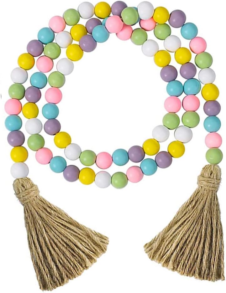 Easter Wood Bead Garland, Wooden Beads with Tassels Shaped Pendant Boho Decor Hanging Beads Easter Decorations