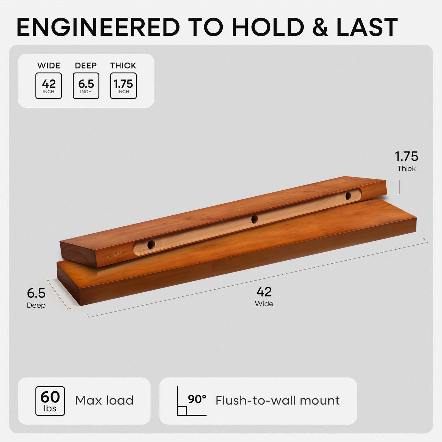 Homeforia 24 inch Natural Floating Shelf, High End Solid Real Wood 24inch Small Floating Shelves for Wall Mounted, Natural Wooden Floating Shelves, Heavy Duty Bracket, 24 X 6.5 X 1.75 in, Set of 2