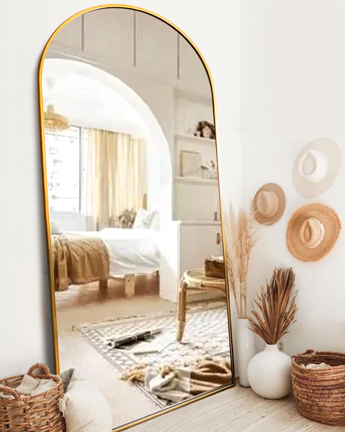 ITSRG Floor Mirror, Full Length Mirror with Stand, Arched Wall Mirror, Gold Floor Mirror Freestanding, Wall Mounted Mirror for Bedroom Living Room, Gold